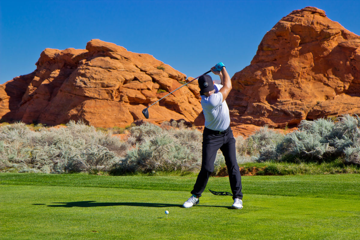 Golfer in Mid-Swing at Sand Hollow